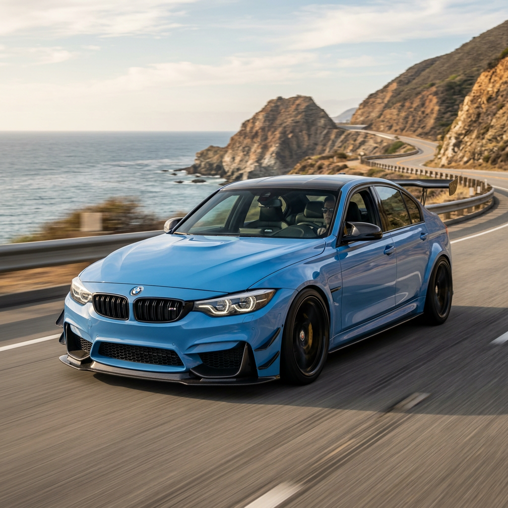 Blue BMW M3 sports car driving on winding coastal road by the ocean