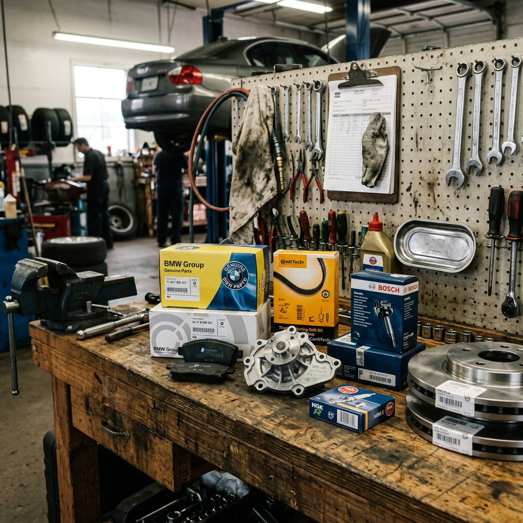 Workbench with car parts, automotive tools, and a car on a lift in a garage