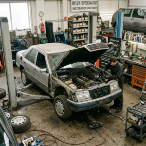 Mechanic fixing engine of a vintage car in a workshop with tools and equipment